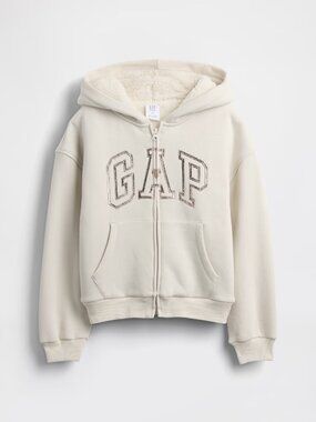 Gap Kids Cozy Sherpa Zip Hoodie Girls Youth M 8 Metallic Graphic Logo Ivory